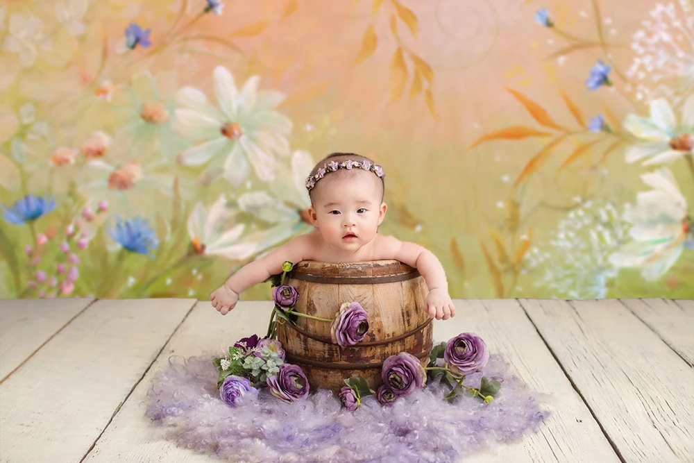 데이지-신생아 아기 초상화 배경 손으로 그린 인쇄 된 배경 소녀 생일 케이크 스매쉬 꽃 사진 스튜디오 배경