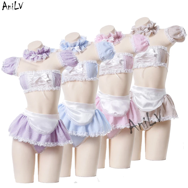 AniLV Lovely Girls Lace Plaid Maid Bikini Swimsuit Costume Anime Lolita Swimwear Uniform Temptation Lingerie Cosplay Clothes