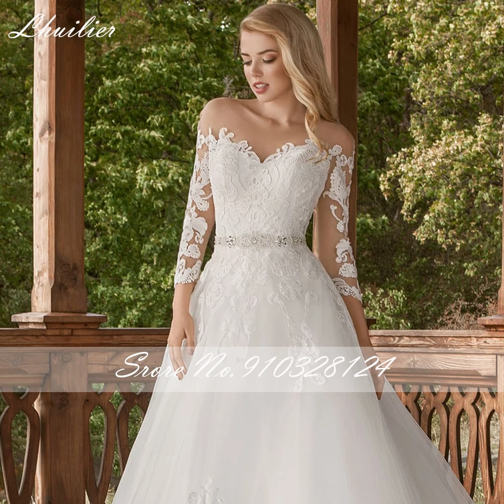 Lhuilier-vestidos de novia de corte en A con cuello redondo para mujer, mangas completas, largos hasta el suelo, con cuentas, apliques de encaje, vestidos de novia