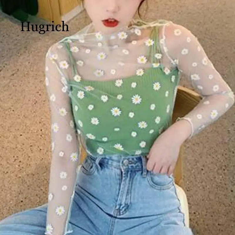 Korean Style Mesh Top Daisy Under Shirt 2021 New Harajuku Aesthetic Cute Lace Flower t Shirt Long Sleeve Mesh Top