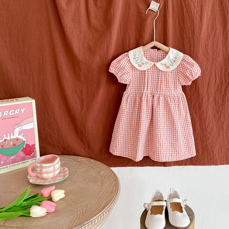 Kleinkind Baby Mädchen Grid Stickerei Kleider Sommer Mädchen Baby Romper Kleinkinder Baumwolle Kurzarm einteiliges Strampler – Detail 5