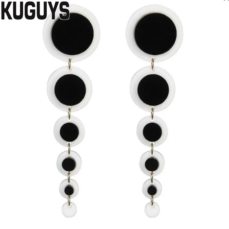 KUGUYS-pendientes largos redondos para mujer, joyería acrílica, accesorios de moda, color blanco y negro