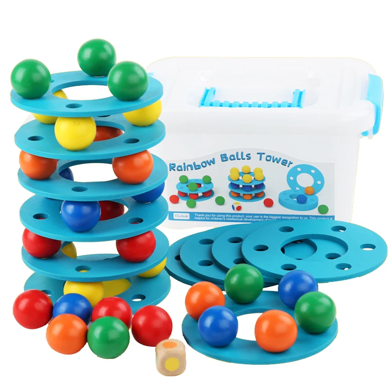 Children Rainbow Ball Balance Games Wooden Toys Color Matching Stacking Games Educational Toys For Toddler Hand-Eye Coordination