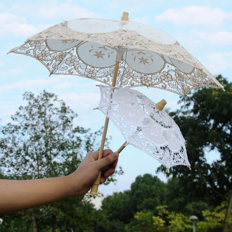 Koronkowy Parasol ślubny Parasol ślubny do fotografii PropsDecoration z drewnianą rączką biały beż kolor