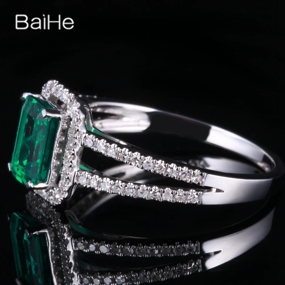 BAIHE Solid 14K White Gold Treated Emerald Diamond rings for women men Trendy Wedding Party Fine Jewelry esmeralda кольца кольцo