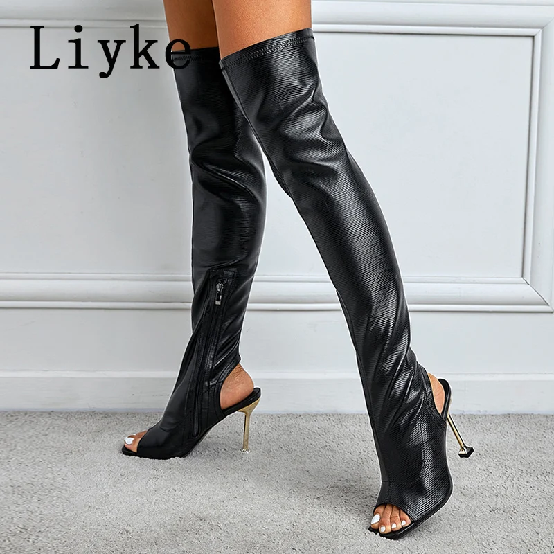 Liyke White Leather Thigh High Over The Knee Boots Sexy Open Toe Stripper Heels Booties Fashion Zip Motorcycle Shoes Women Pumps