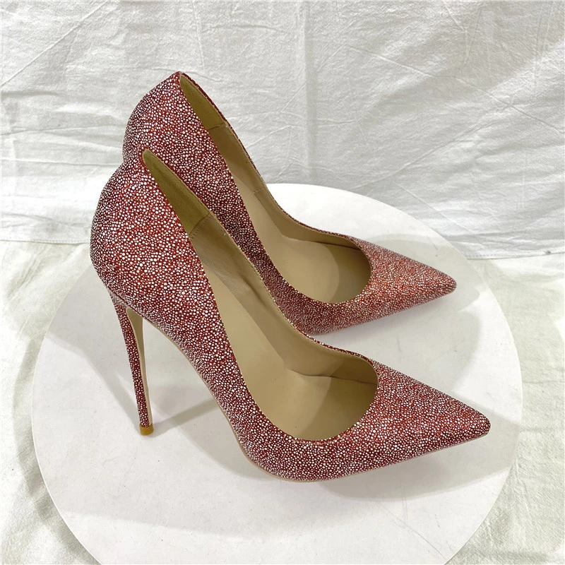 KeShangjia Red and White Sequins Sequined Women Pointy Toe High Heel Wedding Bridal Shoes Gorgeous Ladies Stiletto 33-46Code