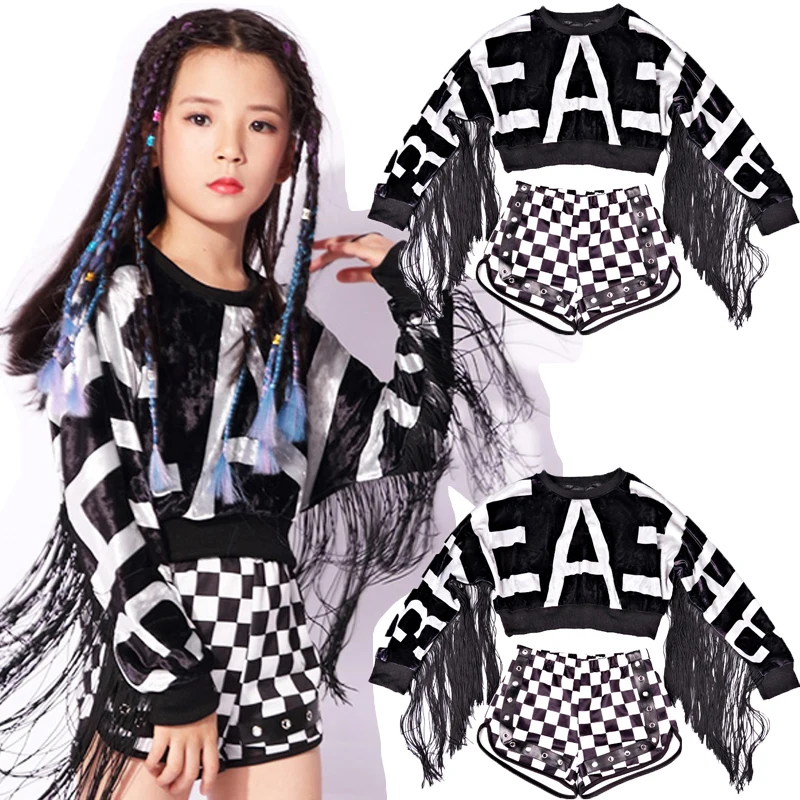 

Popular Girls Stage Costume Jazz Tassel Dancing Outfits Children Hip Hop Set Mosaic Kid Street Dance Performance Clothing