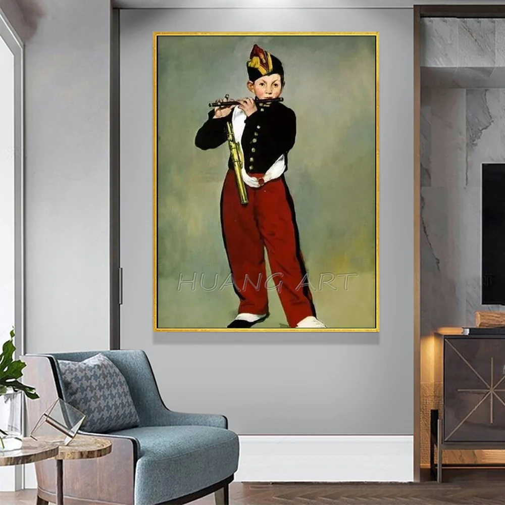 Hand-painted Edouard Manet Imitation Painting on Canvas Boy Playing the Fute Wall Pictures for Home Decor Portrait Oil Painting