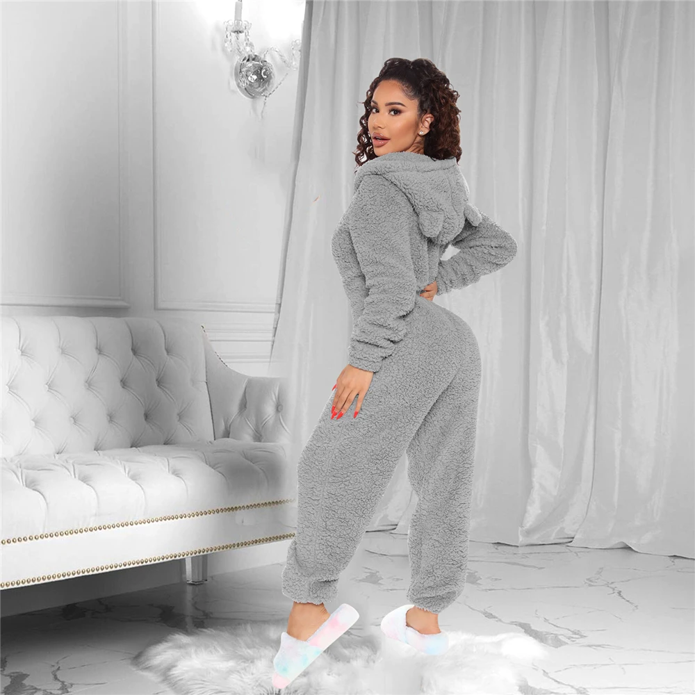 Velvet Fleece Jumpsuits For Women 2021 Autumn Winter One Piece Outfit Women Hooded Romper With Zipper Winter Cute Plush Pajamas