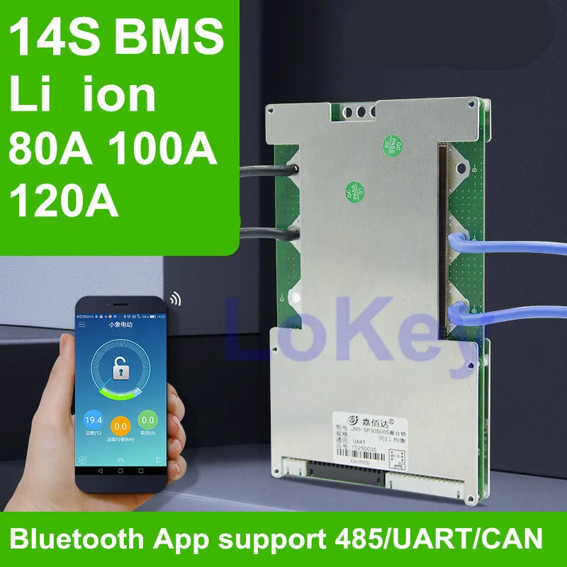 14s inteligente bms 48v 80a 100a 120a li-ion lipo equilíbrio bms carga display com comunicação uart android bluetooth app
