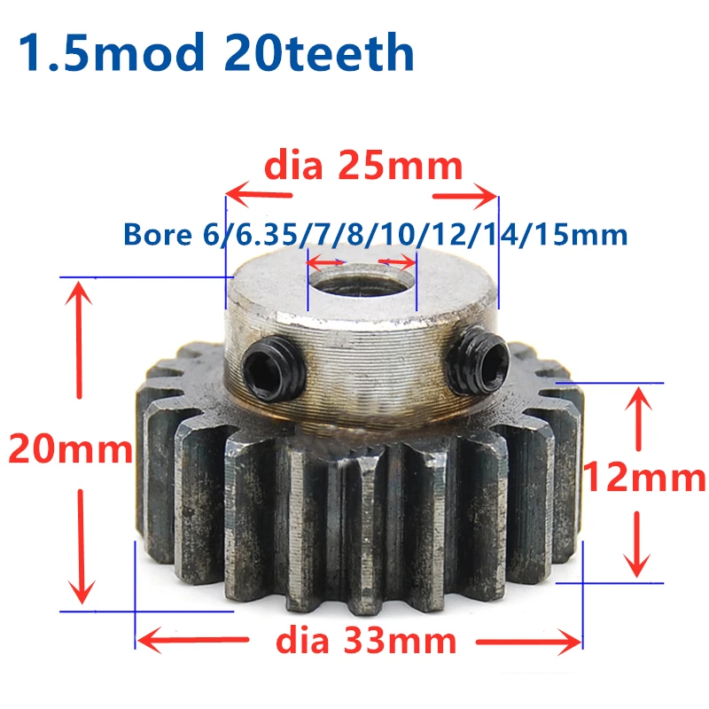 

Quench Spur Gear pinion 1.5M 20T 20Teeth Mod 1.5 Width 12mm Bore 6-15mm Right Teeth major gear cnc gear rack transmission RC