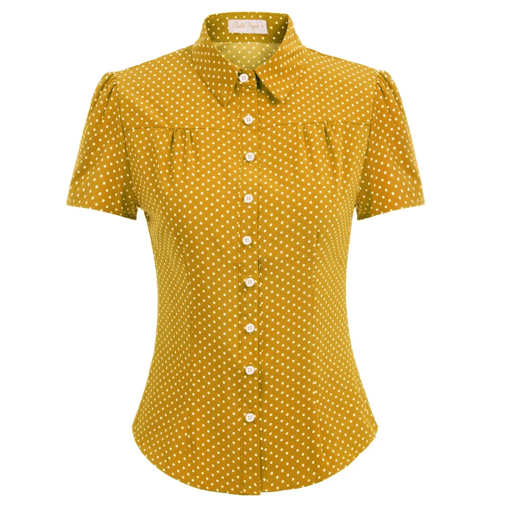 Camicia da donna Retro Vintage Polka Dots camicie a maniche corte Summer Office Lady Casual Slim Design colletto quadrato camicia con orlo curvo