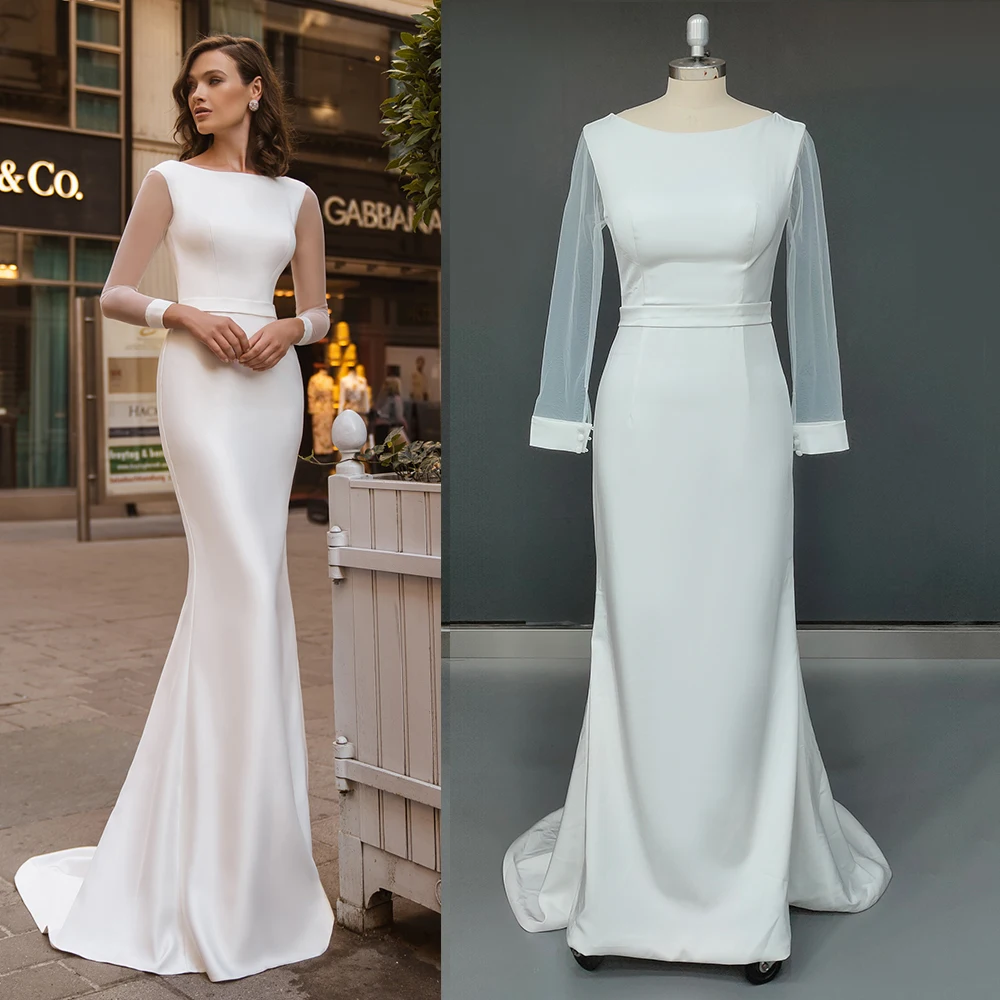 Łódź długie rękawy satynowa minimalistyczna suknia ślubna Backless Ivory Custom Made Plus rozmiar syrenka prosta suknia ślubna Bateau