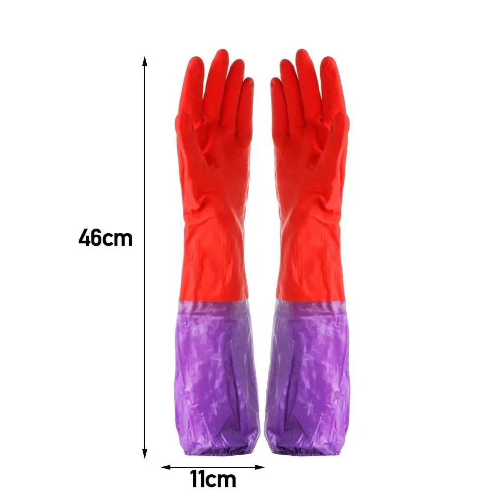 1Pair Long Rubber Velvet Household Gloves Dishwashing Rubber Waterproof Antiskid Thicken Warm Gloves Scrubber Kitchen Cleaning