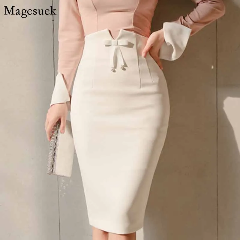 2020 Womens Office Hoge Waisted Potlood Midi Rok Voor Vrouwen Elegante Elegante Rokken Jupe Femme Lente Sexy Witte Rokken 10145