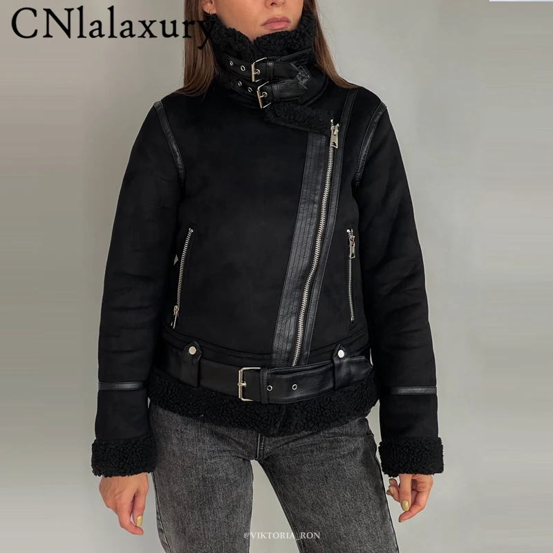 2022 New Winter Streetwear Women Suede Jacket Winter Coat Thick Warm Faux Lamb Leather Jackets Female Loose Motorcycle Outwear