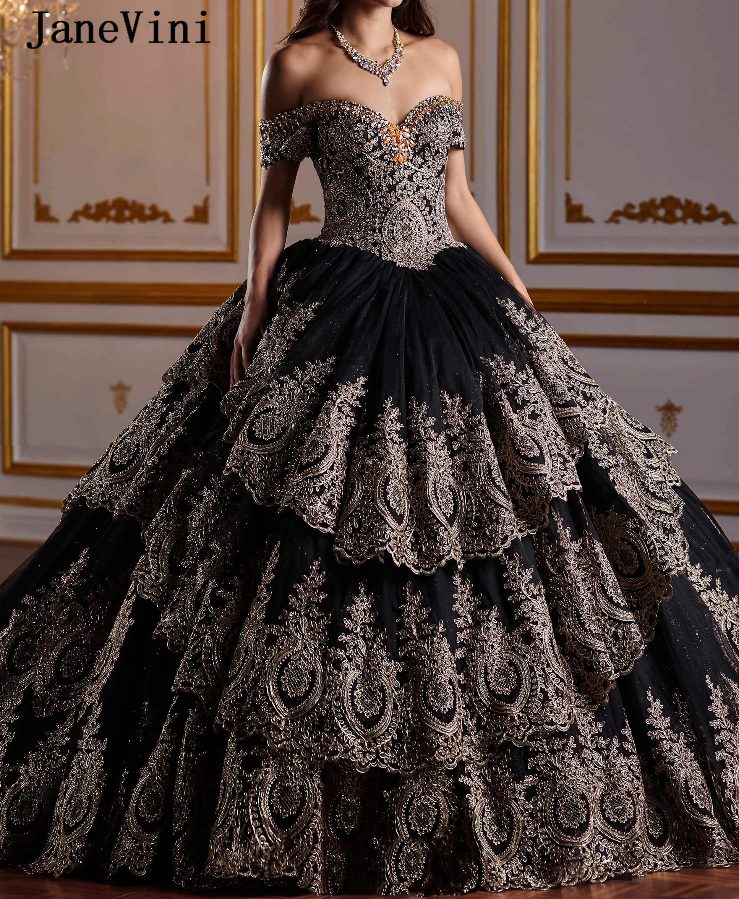 JaneVini 2020 di Lusso Nero Abiti Stile Quinceanera Abito di Sfera Dell'innamorato di Applique Del Merletto di Cristallo A File di Tulle Arabo Dolce 16 Abito di promenade