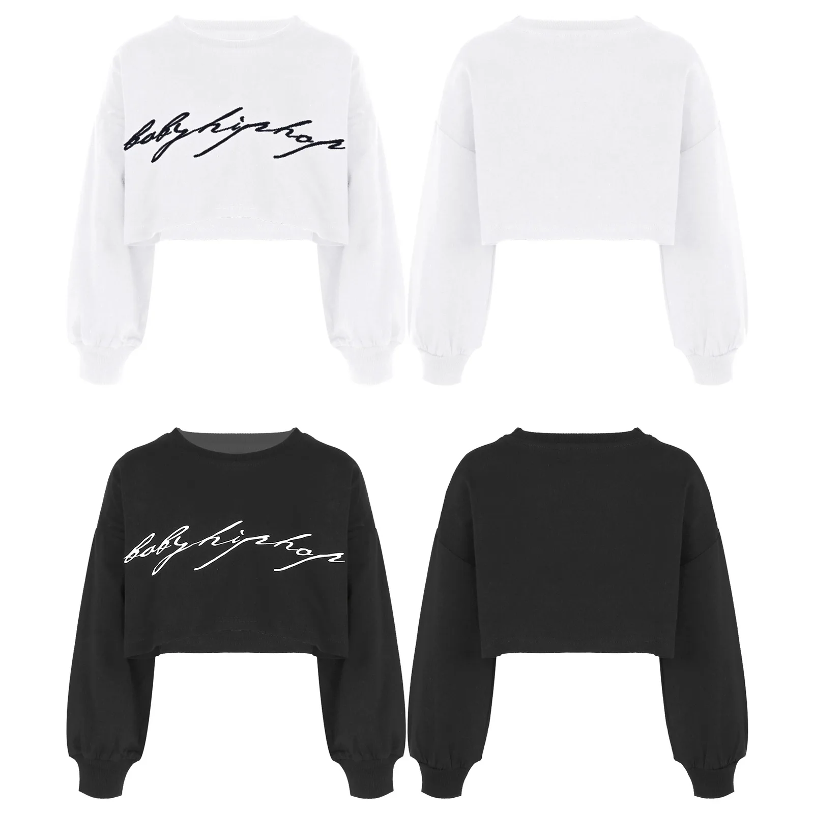 Kids Girls Sports Crop Tops Hip Hop Jazz Dance Clothing Long Sleeves Round Neckline Letter Print Gymnastics Workout Crop Top