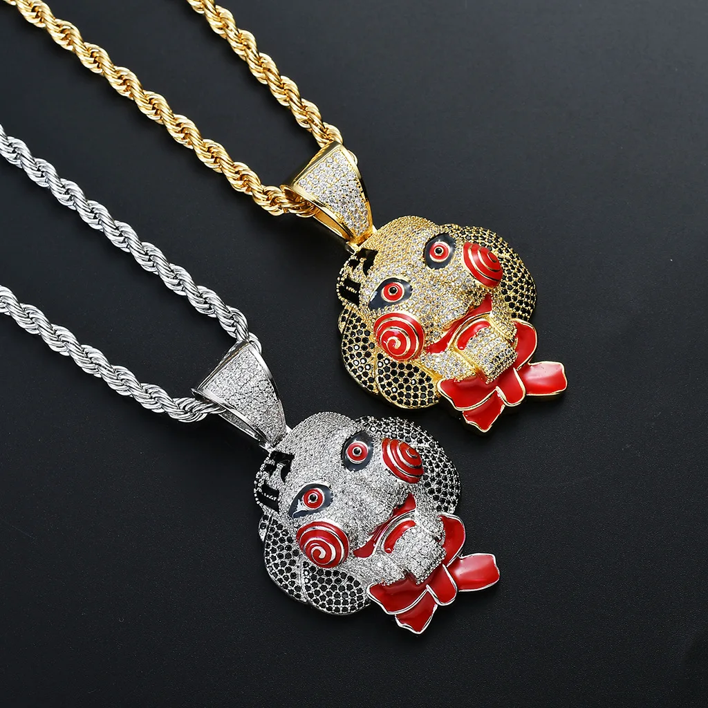 Hip Hop Jewelry Cubic Zircon Gold Silver Saw Horror Movie Theme Iced Out Chain Men's Gifts  Saw Clown Pendant Necklaces