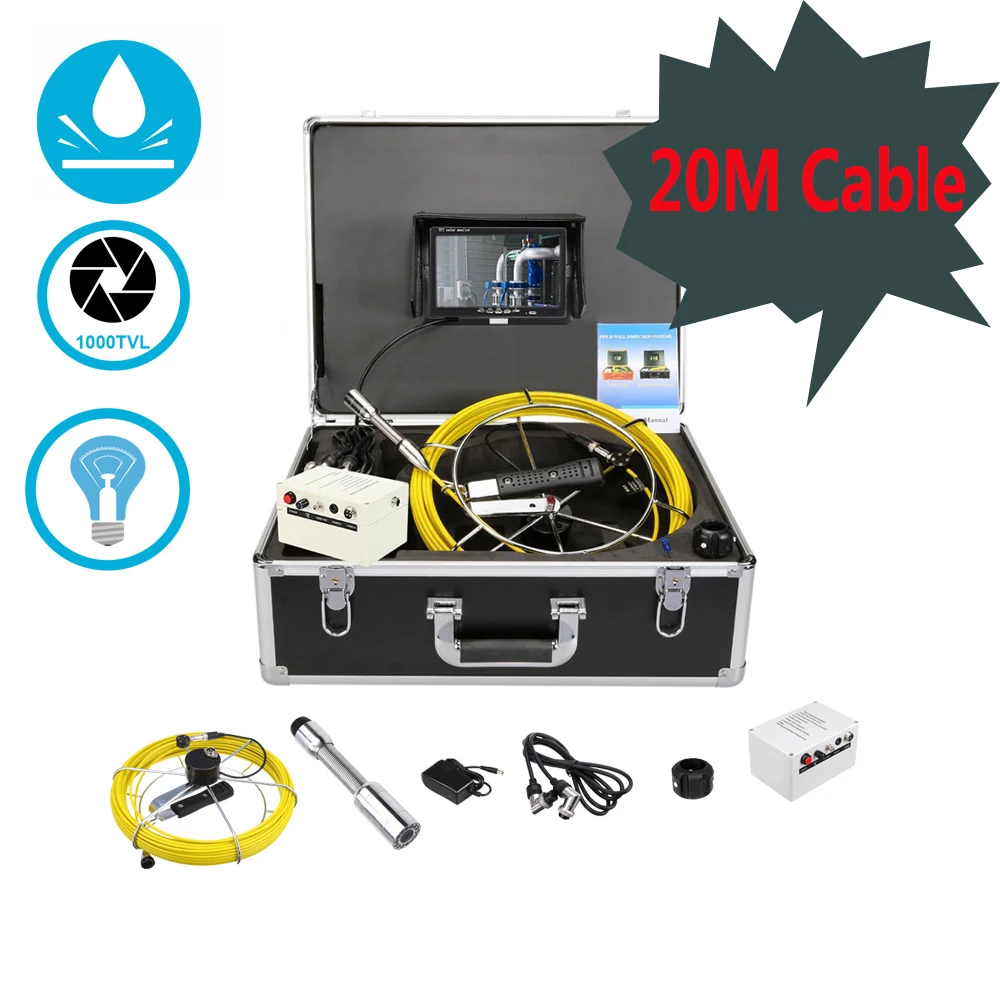 

20m Cable Diameter 23mm Waterproof Video Camera Pipeline Endoscope Inspection System With DVR Recorder 7'' 12pcs LEDS Lights