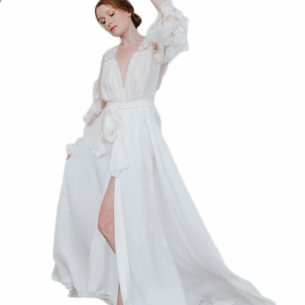 Floral Appliques Sleepwear with Sash Women Winter Bathrob Comfortable One Piece Nightgown Robe De Mariée