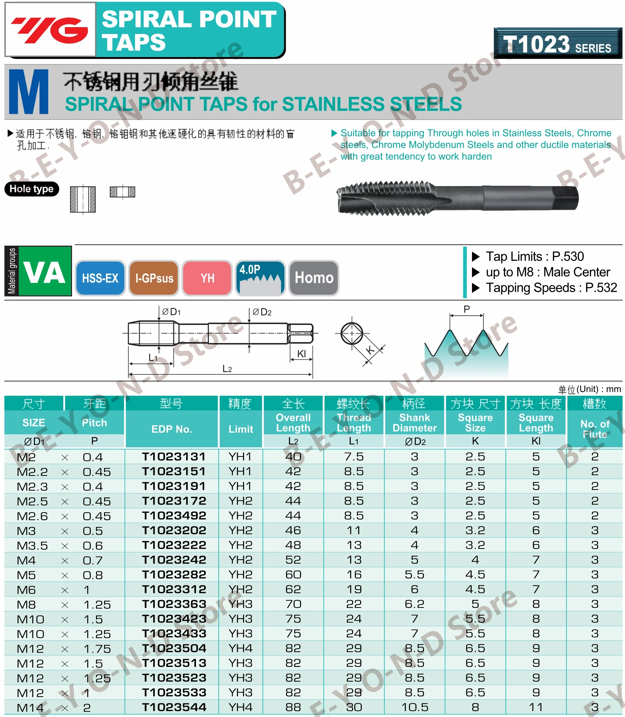 100% Original YG1 T1023 Taps M2 M2.2 M2.5 M3 M4 M5 M6 M8 M10 M12 M14 M16 M18 M20 M24 for Tapping Through Hole in Stainless Steel