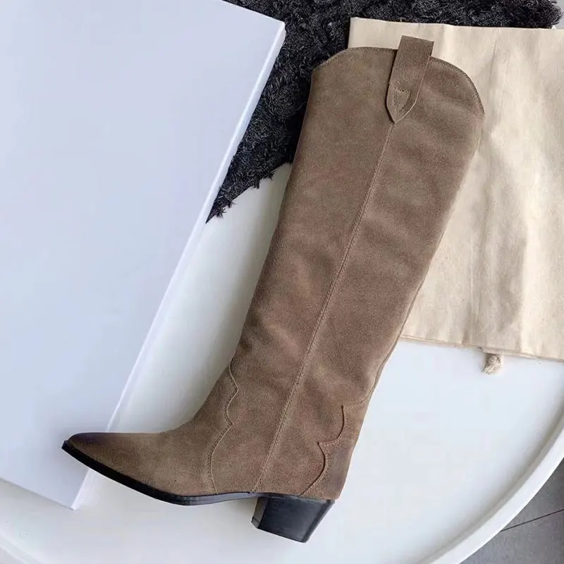 2024 New Cow Suede Women Riding Boots Retro Slip-on Chunky Heel Shoes Knee High Boots Pointed Toe Autumn Ladies Motarcycle Botas