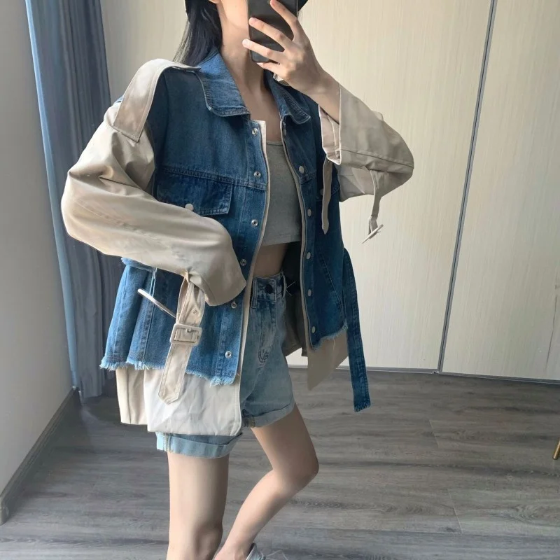 Denim Splice Coat Women Autumn New Vintage Loose Sashes Long Sleeve Trench Coat Designer Office Lady Casual Windbreaker S-L