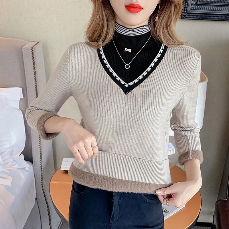 S-XL Fashion Women Imitation Mink Fur Plush Velvet Knitted Pullover Sweater Office Lady Winter Warmer Jacket Clothing Party Gift