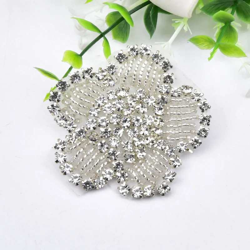 Rhinestone Iron on Bridal Patches Beaded Crystal Flower Applique Sew on Baby Headband Ribbon Trim Hat Clothes Shoes Accessories