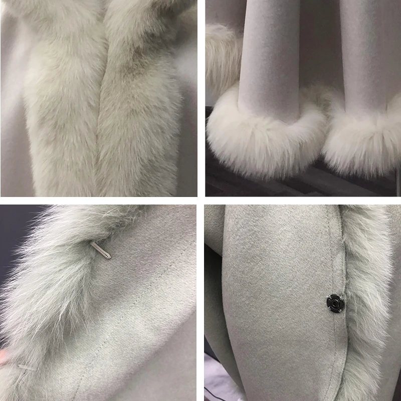 Women Fur Poncho Cardigan Real Fox Fur Coats Wool Warm Ponchos 2021 Fox Fur Collar Jacket Autumn Winter Black Cloak Outwear Tops