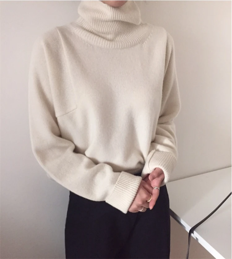 New 2021 Women's Winter Spring Korean Style Knitwear Turtleneck Warm Pullover Solid Minimalist Elegant Sweater