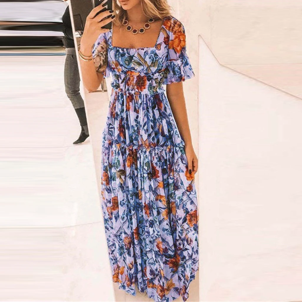 Zomer Strand Jurk Vrouwen Casual Korte Mouw Vierkante Kraag Elastische Taille Hoge Taille Bohemian Bloemenprint Maxi Jurk Plus Size