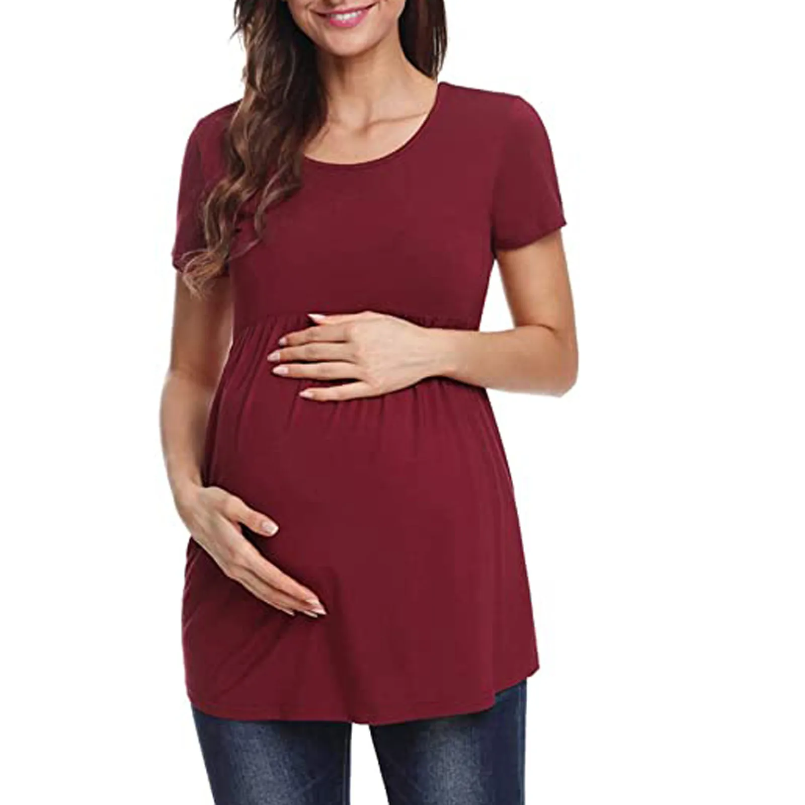 

2022 New Fashion Women Maternity Short Sleeve Solid Color Cozy Casual Blouse T-shirt Summer Shirt Pregnant Clothings Plus Size