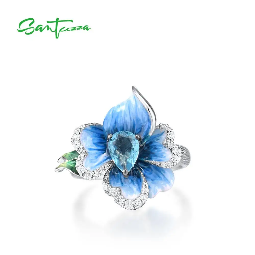 SANTUZZA Silver Rings For Women Genuine 925 Sterling Silver Delicate Blue Orchid flower Trendy Fine Jewelry Handmade Enamel