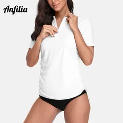 Anfilia Donne Manica Corta Rashguard Camicia Con Chiusura Zip Anteriore Costumi Da Bagno Lato Bendato Surf Top Da Trekking Camicia Protezioni UPF50 +