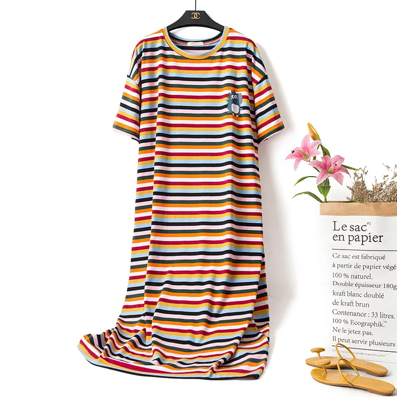 Oversize Women Cotton Nightgown Loose Cartoon Sleepwear Ladies Striped Nightwear Sleep Wear Night Gown pregnant woman Dress