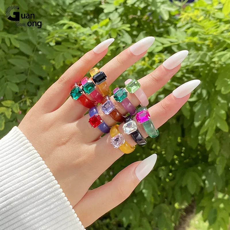 GuanLong Fashion Acrylic Rectangle Rhinestone Rings for Women Big Transparent Finger Ring Girls Vintage Female Party Jewelry