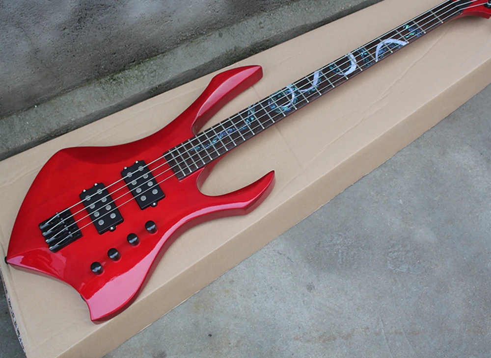 4 Strings Red Set-in Electric Bass with Rosewood Fretboard,Abalone Inlay