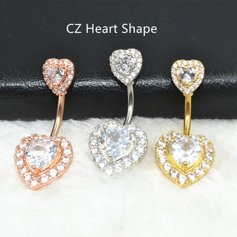 

10PCS Surgical Steel Bar Heart CZ Navel Belly Ring Button Bar Navel Rings Body Piercing Jewelry 14G Sliver/Golden/Rose Golden