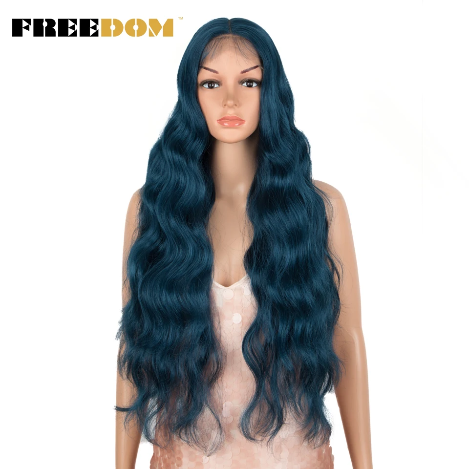 FREEDOM Synthetic Lace Wigs For Black Women Long Wavy 30 Inches Cosplay Wigs Ombre Blond Purple Blue Deep Part Women's Lace Wigs