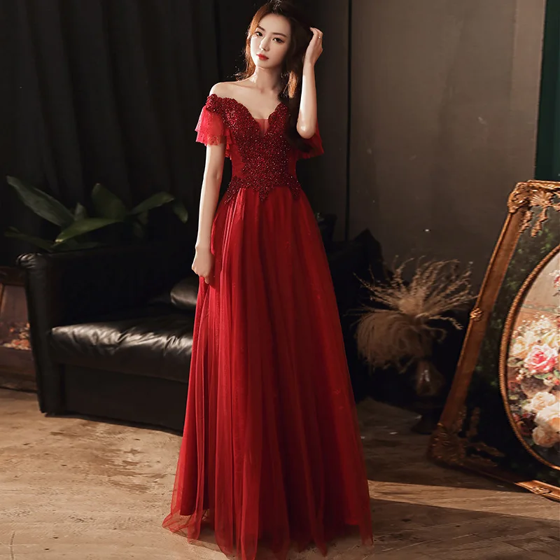 2020 Ladies New Burgundy Fashion Banquet Temperament Toast Clothing Bride Exquisite Beading Evening Dress