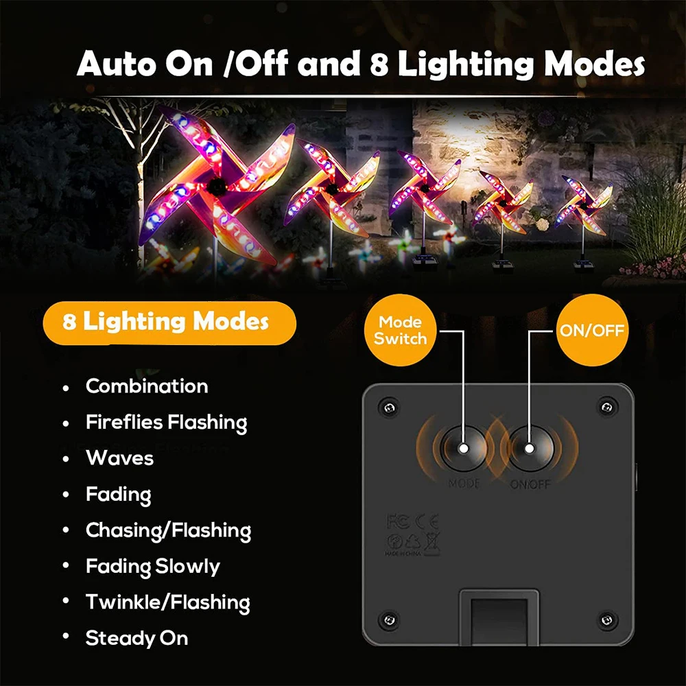 Solar Windmill Light 32LED Spotlight Lawn Decoration Light 8 Mode Waterproof Outdoor Garden Light Suitable for Garden Lawn Path
