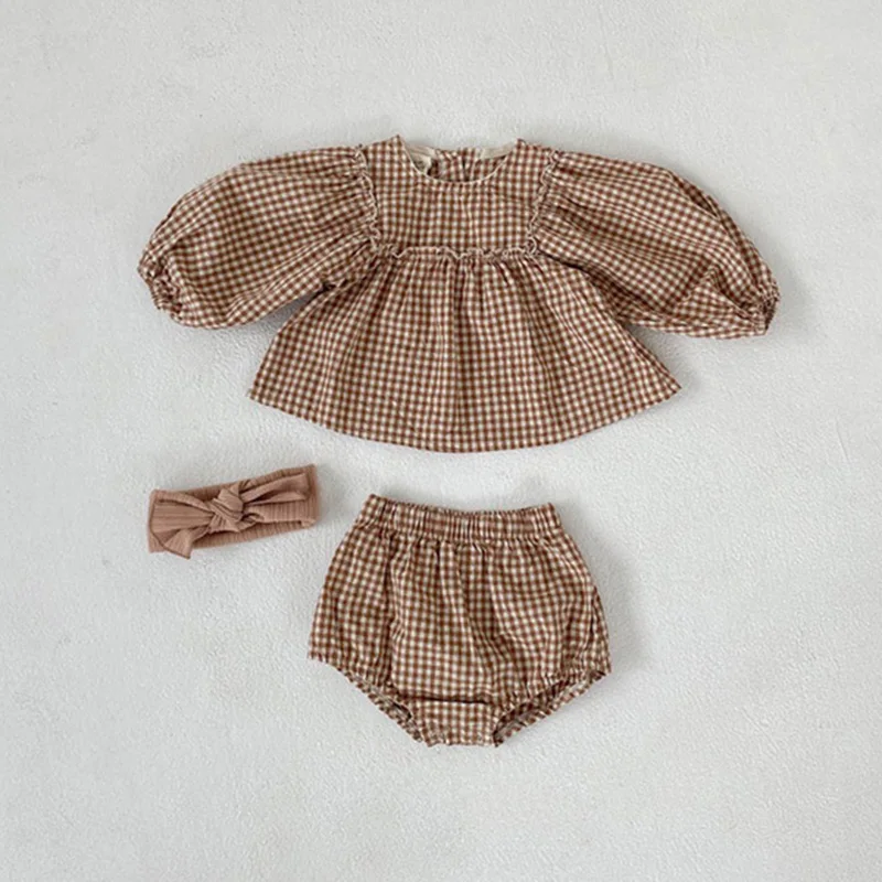 Baby Girls Suit 2022 Baby Girls Clothes Little Plaid Infant Girls Clothes Set Puff Sleeve Blouse + Bloomer 2pcs Toddler Clothes