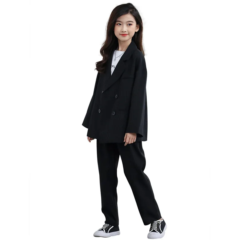 Girls\' Suit Jacket Pants 2-Piece Suit Autumn New Korean All-Match Blazer Suit Children\'S Black Long-Sleeved Trousers Suit LC794