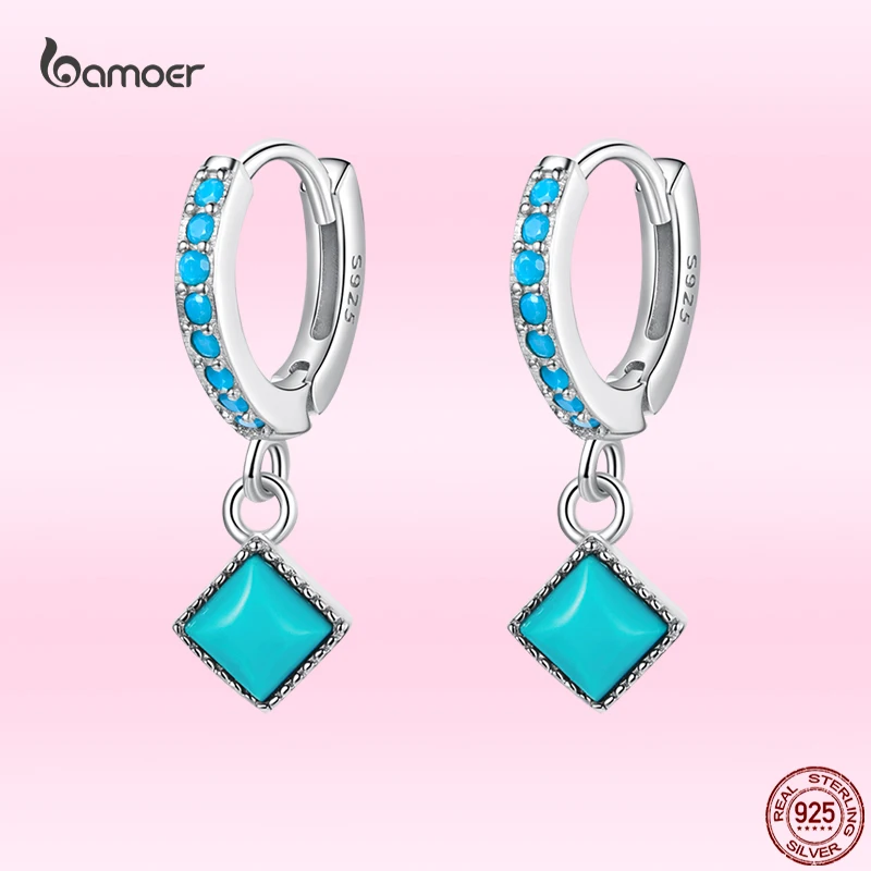 

Bamoer Fashion Cubic Turquoise Earrings for Women Genuine 925 Sterling Silver Blue Pendant Earrings Fine Bohemian Jewelry Gifts