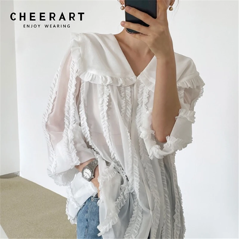 CHEERART Sailor Collar Long Sleeve See Through Shirt Fall 2021 Womens Fashion Top Chiffon Lace White Black Shirt New Blouses