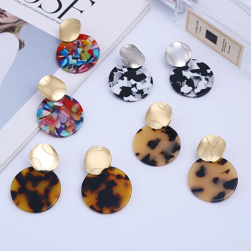 2020 Trendy ZA  Fashion Round Tortoiseshell Acetate Clip On Earrings No Hole for Women Acrylic Resin Geometry Leopard Ear Clips