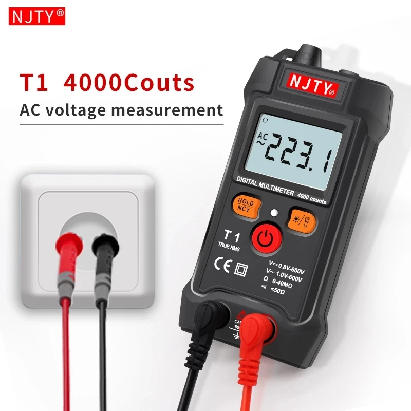 NJTY T1 Mini Digital Multimeter 4000 Counts Auto Ranging TRMS AC/DC Voltage resistance NCV with Backlight+flashlight Multi metro